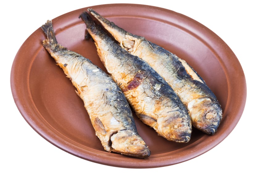 fried baltic herring on ceramic plate isolated on white background