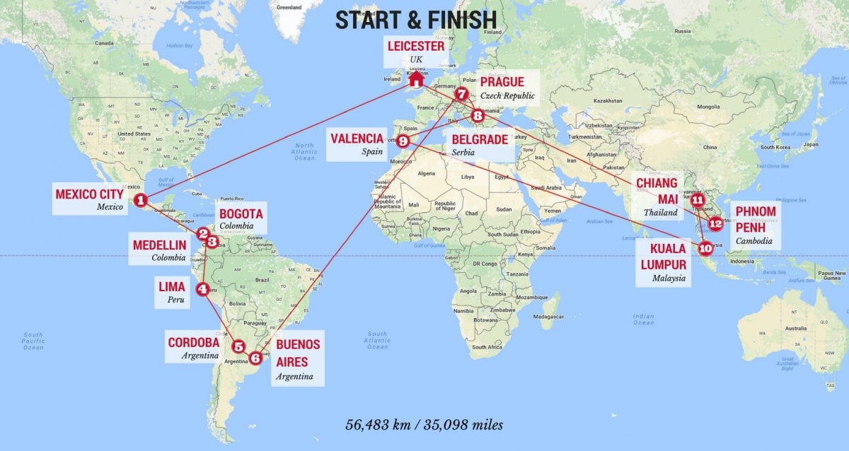 Graphic to show the locations which Chris Smith and Suzanne Walker, from Hinckley, Leicestershire, are travelling to to take remote working to a whole new level. See NTI story NTITRIP; A globe-trotting couple are taking remote working to a new level. Chris Smith and Suzanne Walker are spending 2017 visiting 12 cities in a once-in-a-lifetime travel adventure spanning more than 35,000 miles. But unlike most people with a passion to see the world, Chris and Suzanne haven't had to quit their full-time careers to go on the epic, year-long tour. Instead, bosses at wealth management company Mattioli Woods, in Leicester, are allowing them to keep their jobs – working their normal contracted hours via the internet from far off places such as Kuala Lumpur, Phnom Penh and Bogota.