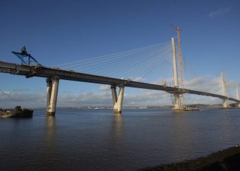 The Queensferry Crossing as the final piece of deck is lifted into position over the Firth of Forth. February 3 2017
