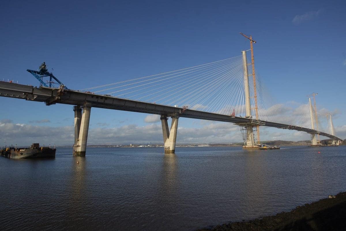 The Queensferry Crossing as the final piece of deck is lifted into position over the Firth of Forth. February 3 2017