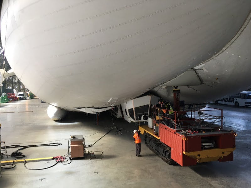 The Airlander which has been given giant inflatable landing feet. See Masons copy MNAIRCRAFT: The world's largest aircraft has been given a pair of "giant inflatable landing feet" after crashing when it got caught in power lines. The £25m Airlander 10, airship, dubbed the 'giant bum' due to its appearance, nose-dived during a test flight last year. No-one was injured in the accident at Cardington Airfield, Beds., on August 24, but the cockpit was effectively destroyed.