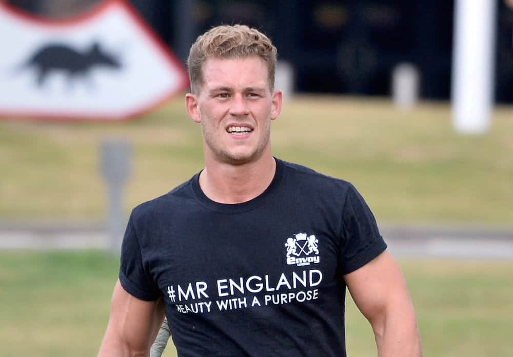 Jack Eyers during boot camp at the Mr England competition in Birmingham. A male model has become the first amputee to be crowned Mr England - and hopes to go on to be Mr World. See SWNS story SWMODEL. Jack Eyers, 28, won over the judges at the final of the pageant and made history. He accepted the crown at an awards do after he triumphed over 24 other finalists. Two years ago the handsome personal trained became the first disabled person to take to the catwalk at New York Fashion Week. Jack had his leg amputated aged 16 as he was born with degenerative condition Proximal Femoral Focal Deficiency (PFFD) which causes a deformed hip and a shortened leg.