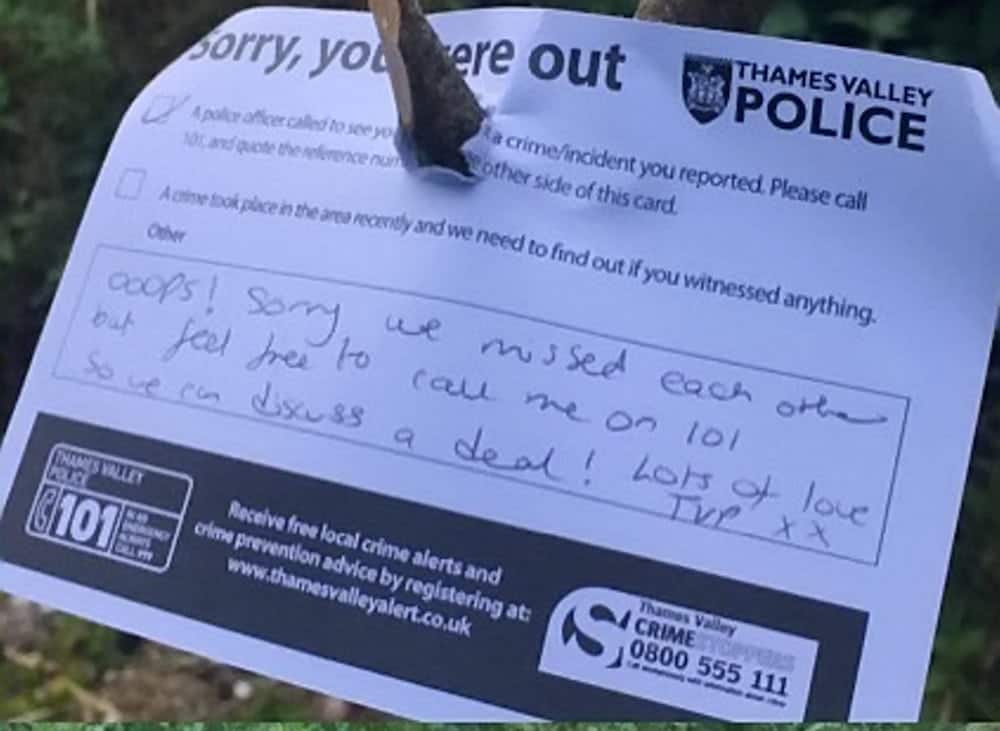 Police left a 'kind' note behind them after digging up a cannabis plantation in woodlands near Oxford. See National story NNPOT; Officers discovered the plants in woods between Wolvercote Mill Stream and the A34 at 6pm on Friday after a tip off. After digging it up they left a 'sorry you were out' note and offered to discuss a deal. The note said: "Ooops! Sorry we missed each other but feel free to call me on 101 so we can discuss a deal. "Lots of love TVP x x" In a Tweet the force used the hashtag 'WeveGotManners'