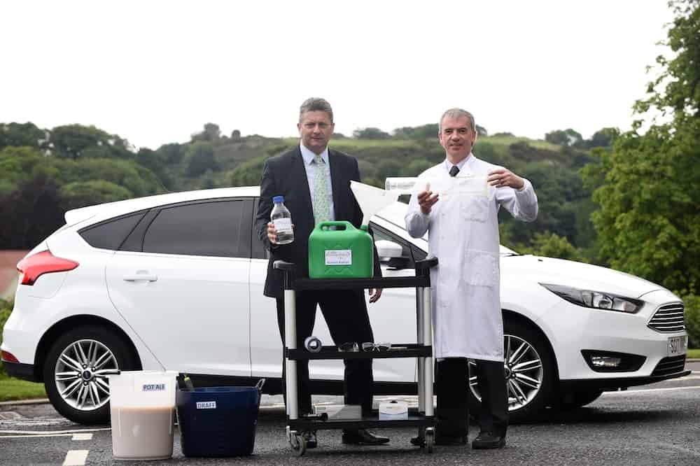 FREE FIRST USE
Mark Simmers from Celtic Renewables(L) and Professor Martin Tangney with the world's first car to be fuelled by whisky residue biofuel takes it's inaugural journey. See Centre Press story CPFUEL; The world's first car running on a biofuel made from WHISKY residue has had its first successful test drive. The fuel - biobutanol - is a brand new type of sustainable fuel and is designed to be a direct replacement for petrol and diesel. It is produced from draff - the sugar-rich kernels of barley which are soaked in water to facilitate the fermentation process necessary for whisky production. The other main ingredient is pot ale, the copper-containing yeasty liquid that is left over following distillation. Unlike other biofuels, biobutanol can be used as a direct replacement for road fuels like petrol or diesel.
Lesley Martin
07836745264
lesley@lesleymartin.co.uk
www.lesleymartin.co.uk
All images © Lesley Martin 2017. Free first use only for editorial in connection with the commissioning client's press-released story. All other rights are reserved. Use in any other context is expressly prohibited without prior permission.