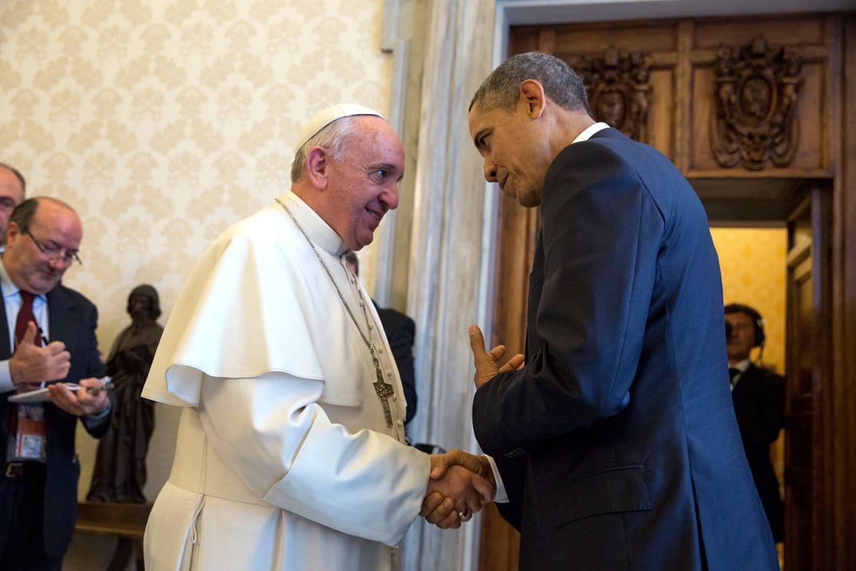 President Barack Obama bids farewell to Pope Francis following a private audience at the Vatican, March 27, 2014. (Official White House Photo by Pete Souza)
This official White House photograph is being made available only for publication by news organizations and/or for personal use printing by the subject(s) of the photograph. The photograph may not be manipulated in any way and may not be used in commercial or political materials, advertisements, emails, products, promotions that in any way suggests approval or endorsement of the President, the First Family, or the White House.