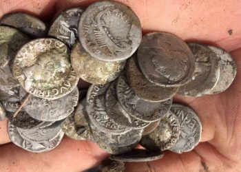 Hundreds of Roman denarii have been found by Historian Mike Scale during a metal detectors event in Bridport, Dorset. See SWNS story SWDETECT; An amateur historian digging in a farmer's field has told how he found a once in a lifetime hoard of 2000-year-old Roman silver coins - worth up to £200,000. Mike Smale, 35, found the hoard of 600 rare denarii in a farmer's field in Bridport while hunting with his pals from the Southern Detectorists club. A single one can sell for up to £900 so the fisherman was astonished when he uncovered nugget after nugget of pristine coins dating back to 32BC. Some of the metal disks were minted by Mark Antony while he was allied with his lover Cleopatra in Egypt and experts said a find of this size and variety is very rare. The coins will be handed over to the coroner for valuation and then likely sold to a museum, with the profits split between the farmer and Mike. Dad-of-one Mike, a fisherman from Plymouth, Devon, said: "It was incredible, a true once-in-a-lifetime find.