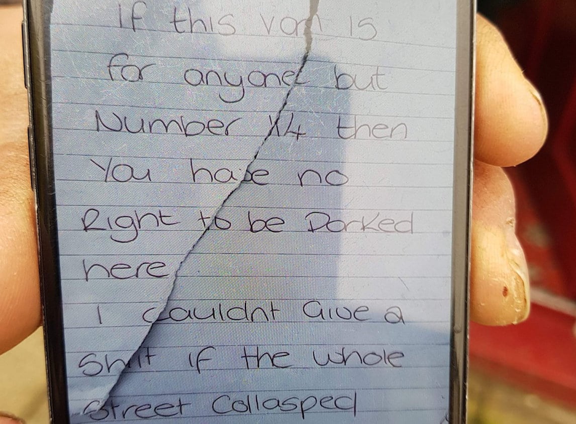 Please note mandatory credit WMAS / SWNS.com
Paramedics were left stunned after finding this note demanding they moved their ambulance during a 999 call with the message:"I don't give a sh*t if the whole street collapses". See News team story NTINOTE; The angry message was written by a woman who was annoyed that an ambulance was in a resident's parking bay on Sunday morning (18/2). West Midlands Ambulance Service said the resident also verbally abused staff members during the emergency call-out in Tunstall, Stoke-on-Trent, Staffs. The note read: "If this van is for anyone but No.14 then you have no right to park here.