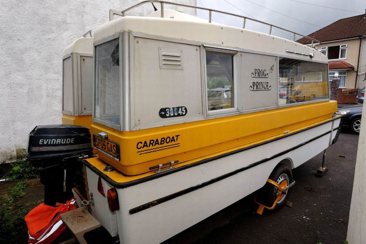 A couple have splashed out £600 on this long forgotten 1970s oddity which can travel on both land and water - called a Caraboat. The bargain holiday home is one of just ten left in the world after all the moulds were smashed by a frustrated designer after a launch party. Legend has it some of the Caraboats sank at the event and they were largely never seen again.