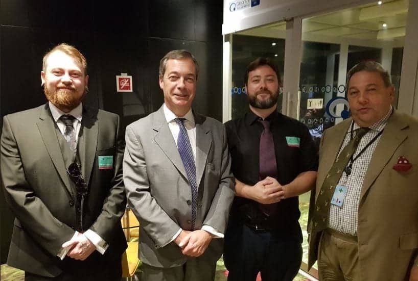 L-R: European election candidates: UKIP's Mark Meecham (aka Nazi pug youtuber Count Dankula, Nigel Farage, rape threat controversialist Carl Benjamin, together with UKIP - Brexit Party defector David Coburn who isn't standing for this election (c) Twitter