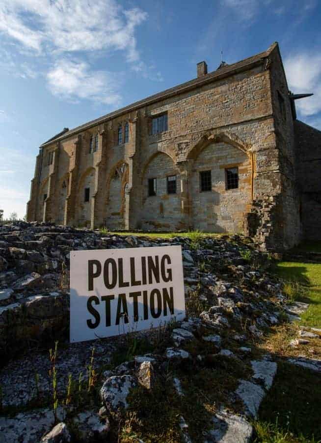 Muchelney Abbey in Somerset which is the oldest polling station in the country. Muchelney, Somerset. May 23 2019. See SWNS story SWBRvote.