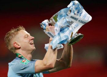 February 24, 2019 Manchester City's Oleksandr Zinchenko celebrates with the trophy after winning the penalty shootout Action Images via Reuters/Carl Recine