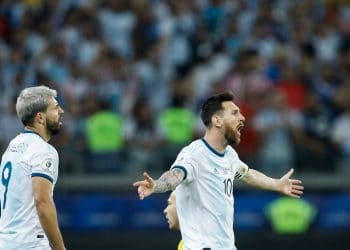 Messi believed Argentina should have had a penalty for a foul on Aguero (left) (AP Photo/Victor R. Caivano)
