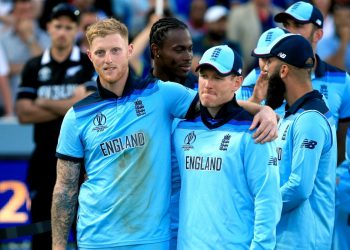 England’s Ben Stokes, left, and Eoin Morgan celebrate their win (Nick Potts/PA)