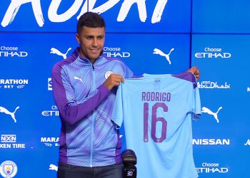 Manchester City's Rodri poses for photographers during the press conference at the City Football Academy, Manchester.