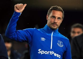 Everton's Phil Jagielka during the lap of honour after the Premier League match at Goodison Park, Liverpool.