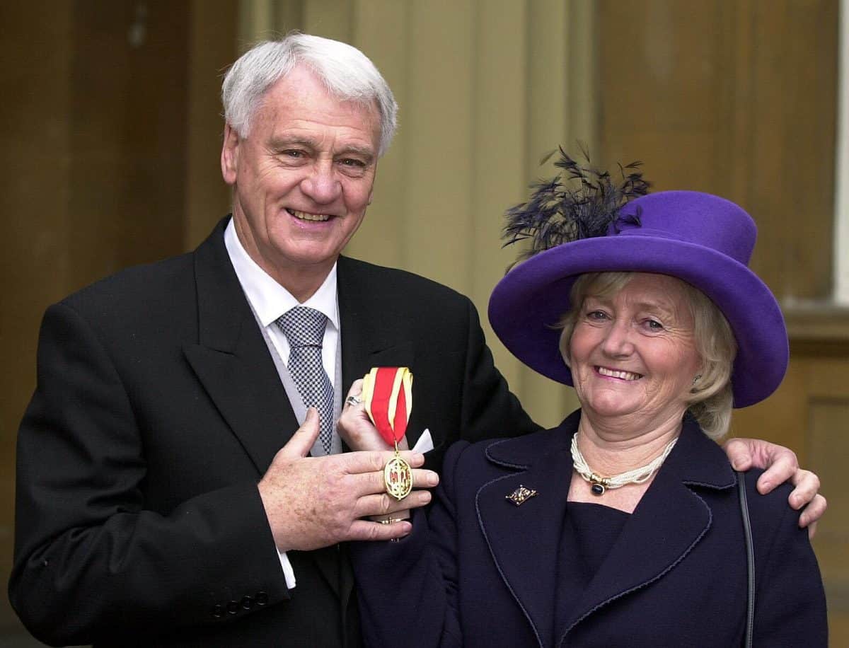 Newcastle United football manager Sir Bobby Robson, the man who masterminded England to the semi-finals in the 1990 World Cup, at Buckingham Palace after he was knighted by the Prince of Wales. * With him at the Palace were his wife, Elsie (right) and two of the couple's three sons, Andrew, 41, and Paul, 44. Also being honoured was author Sebastian Faulks, most famous for his First World War novel, Birdsong.