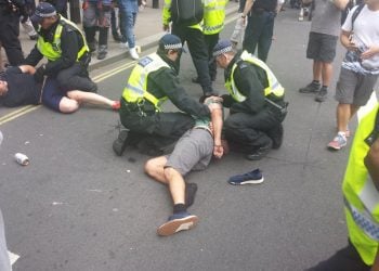 Police arrest Robinson supporters in Whitehall. (c) Chris Hobbs