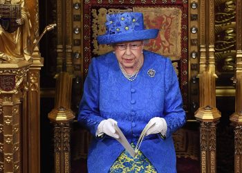Queen Elizabeth II reading the Queen's Speech in the House of Lords for the State Opening of Parliament by Queen Elizabeth II, in the House of Lords at the Palace of Westminster in London.