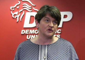 Party leader Arlene Foster at DUP party headquarters in east Belfast, flanked by party colleagues, after Prime Minister Boris Johnson announced that he is seeking a suspension of Parliament ahead of a Queen's Speech on October 14.