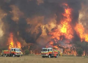 In this image dated Dec. 30, 2019, and provided by NSW Rural Fire Service via their twitter account, firefighters are seen as they try to protect homes around Charmhaven, New South Wales. Wildfires burning across Australia's two most-populous states Tuesday trapped residents of a seaside town in apocalyptic conditions, destroyed many properties and caused fatalities. (Twitter@NSWRFS via AP)