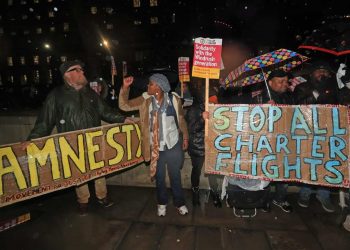 Protests across Westminster against the chartered deportation flight (PA)