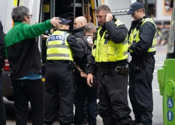 Arrest made during Black Lives Matter protest taking place in Leeds Millennium Square. 14 June 2020. See SWNS story SWLEprotest; amid fears of clashes with far-right groups. Credit;SWNS