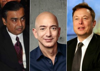(L-R): Mukesh Ambani; Jeff Bezos; Elon Musk