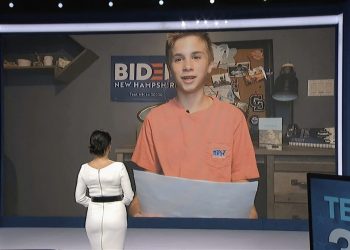 In this image from video, Brayden Harrington speaks as Julia Louis-Dreyfus, serving as moderator, listens during the fourth night of the Democratic National Convention on Thursday, Aug. 20, 2020. (Democratic National Convention via AP)
