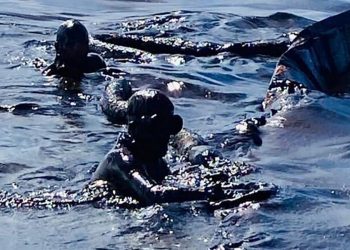 This photo taken and provided by Georges de La Tremoille of Mu Press shows divers using a containment boom to help contain oil leaking from the MV Wakashio, a bulk carrier ship that recently ran aground off the southeast coast of Mauritius, Friday, Aug. 7, 2020. The Indian Ocean island of Mauritius declared a “state of environmental emergency” late Friday after a Japanese-owned ship that ran aground offshore days ago began spilling tons of fuel. (Georges de La Tremoille/MU Press via AP)