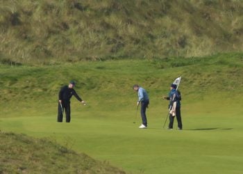 The Duke of York (left) with Gary Macneill (centre), Royal Portrush Head Professional, as he attends The Duke of York Young Champions Trophy at the Royal Portrush Golf Club in County Antrim. PA Photo. Picture date: Monday September 9, 2019. See PA story ROYAL Andrew. Photo credit should read: Liam McBurney/PA Wire