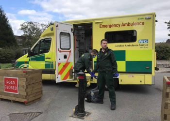 Paramedics stuck behind the bollards. Credit;SWNS