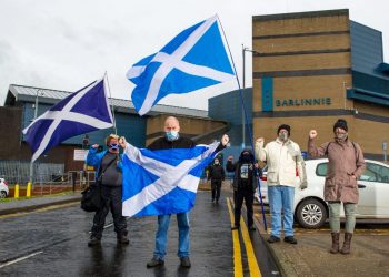 Pictured: (L-R) Chris Smith; Sean Clerkin; James Gardener; John Lowe; Jan Middleton.Action For Scotland protest outside Barlinnie Prison calling for the immediate release of Mandeep Singh from his d72 Day jail sentence for defying Glasgow City Council to have a rally for Scottish Independence in May of last year. September 2 2020. Credit;SWNS