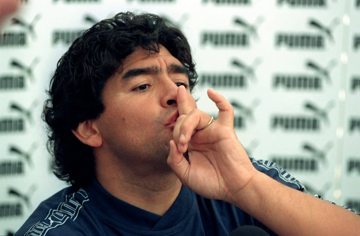 PA Photo 15/9/96 Diego Maradona during a press conference held at an International four-a-side youth football tournament in Battersea Park, London.