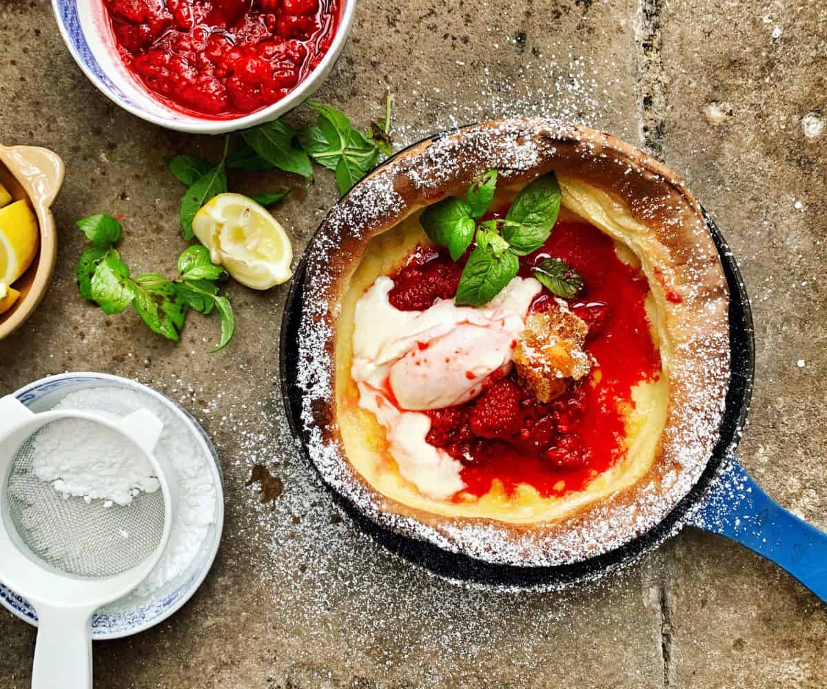 Dutch Baby Pancake recipe with mascarpone, raspberry and honeycomb