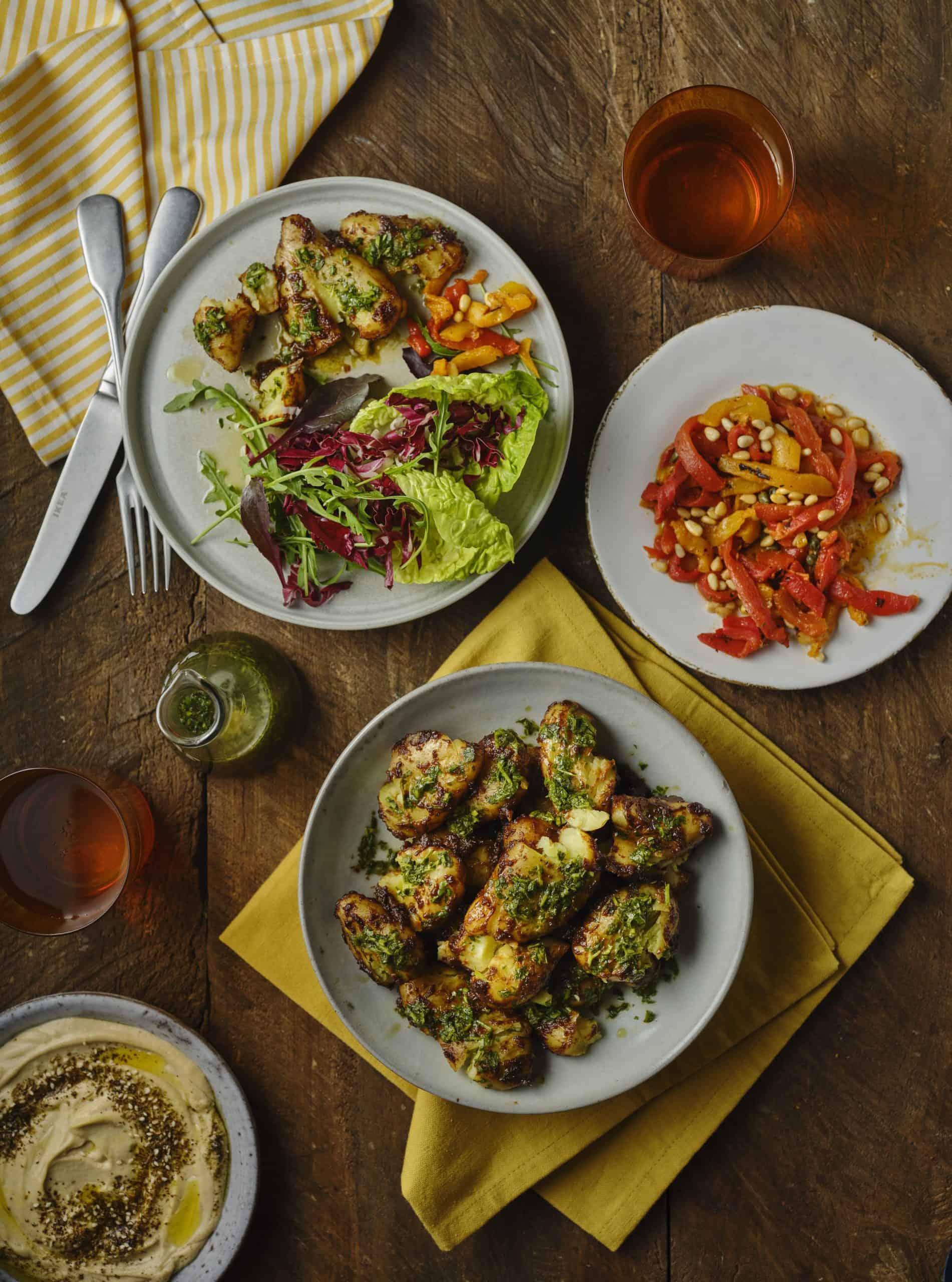 Miso butter potatoes with green herb vinegar