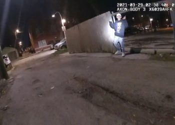 This image from Chicago Police Department body cam video shows the moment before Chicago Police officer Eric Stillman fatally shot Adam Toledo, 13, on March 29, 2021, in Chicago. (Chicago Police Department via AP)