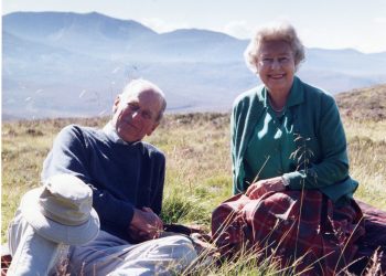 Handout image released by Buckingham Palace on 16/04/21 of a personal photograph of the Queen Elizabeth II and the Duke of Edinburgh at the top of the Coyles of Muick, taken by The Countess of Wessex in 2003. Issue date: Friday April 16, 2021.