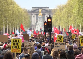 Demonstrators walk down the Mall during a 'Kill The Bill' protest against The Police, Crime, Sentencing and Courts Bill in London. Picture date: Saturday May 1, 2021. Credit;PA