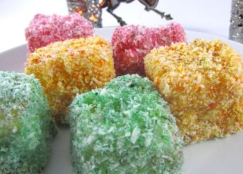 Lamingtons dipped in white chocolate