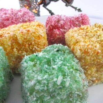 Lamingtons dipped in white chocolate