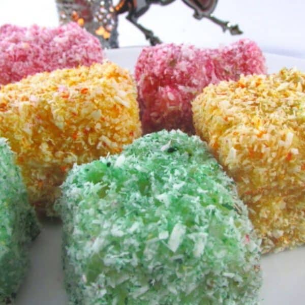 Lamingtons dipped in white chocolate