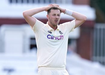 England's Ollie Robinson reacts during day four of the first LV= Insurance Test match at Lord's, London. Picture date: Saturday June 5, 2021.