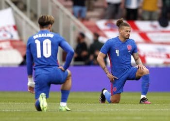 England's Jack Grealish and Kalvin Phillips take a knee before the international friendly match at Riverside Stadium, Middlesbrough. Picture date: Sunday June 6, 2021. Credit;PA