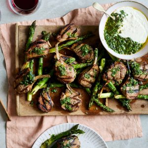 Skye Gyngell Andrew Peace Grilled Lamb Cutlets, Asparagus, Horseradish & Salsa Verde