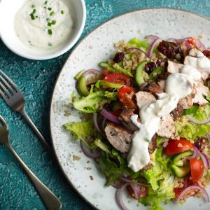 Sumac Grilled Chicken and Quinoa Salad with Smokey Feta Dressing