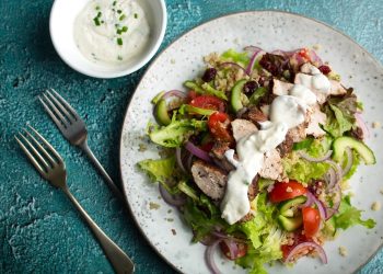 Sumac Grilled Chicken and Quinoa Salad with Smokey Feta Dressing