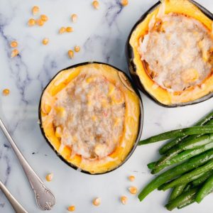 Creamy Corn Stuffed Gem Squash with Green Beans