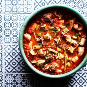 Ben Tish Slow-cooked squid, tomatoes, olives and preserved lemons