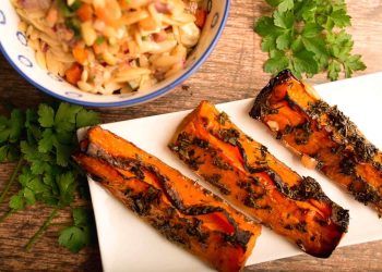 Sticky Butternut Wedges with Mediterranean Orzo Salad