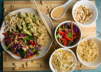 Thai Chicken Poke Bowl with Whole Grains & Peanut Sauce